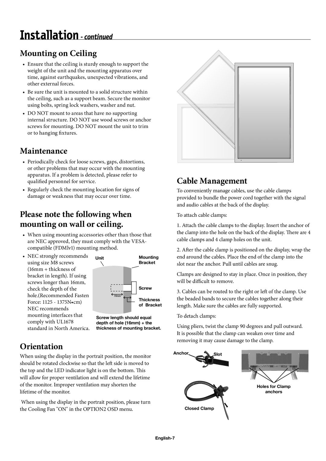 NEC 50XP10 Mounting on Ceiling, Maintenance, Please note the following when mounting on wall or ceiling, Cable Management 