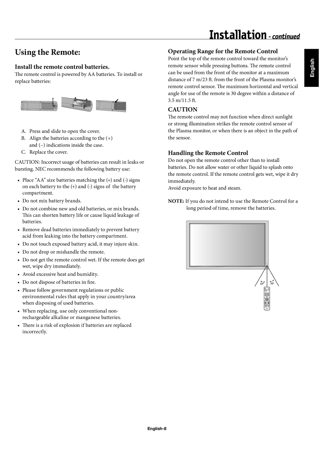 NEC 60XP10 Using the Remote, Operating Range for the Remote Control, Install the remote control batteries, English-8 