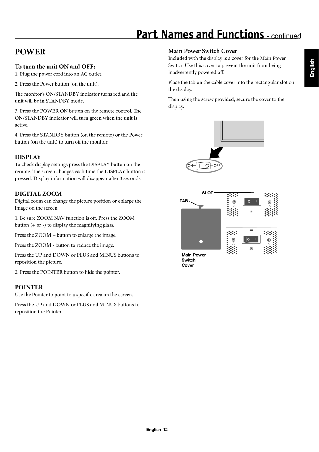 NEC 42XP10, 50XP10, 60XP10 user manual Main Power Switch Cover, To turn the unit on and OFF, English-12 