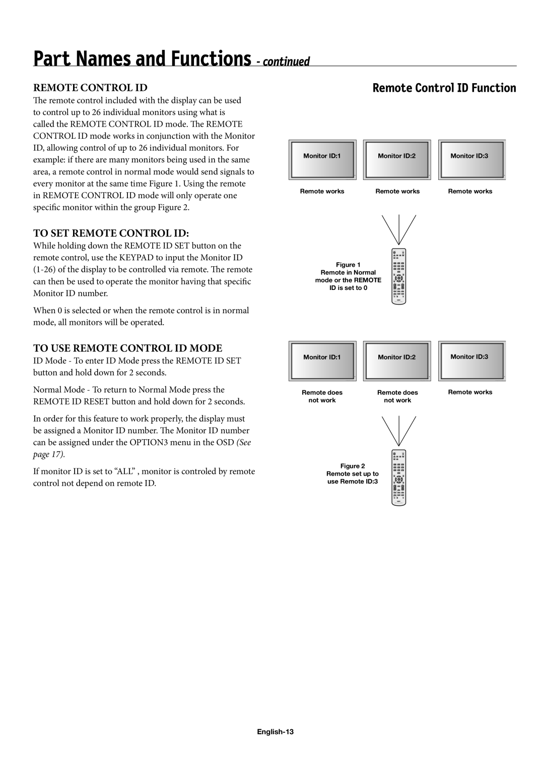 NEC 50XP10, 42XP10, 60XP10 user manual Remote Control ID, English-13 