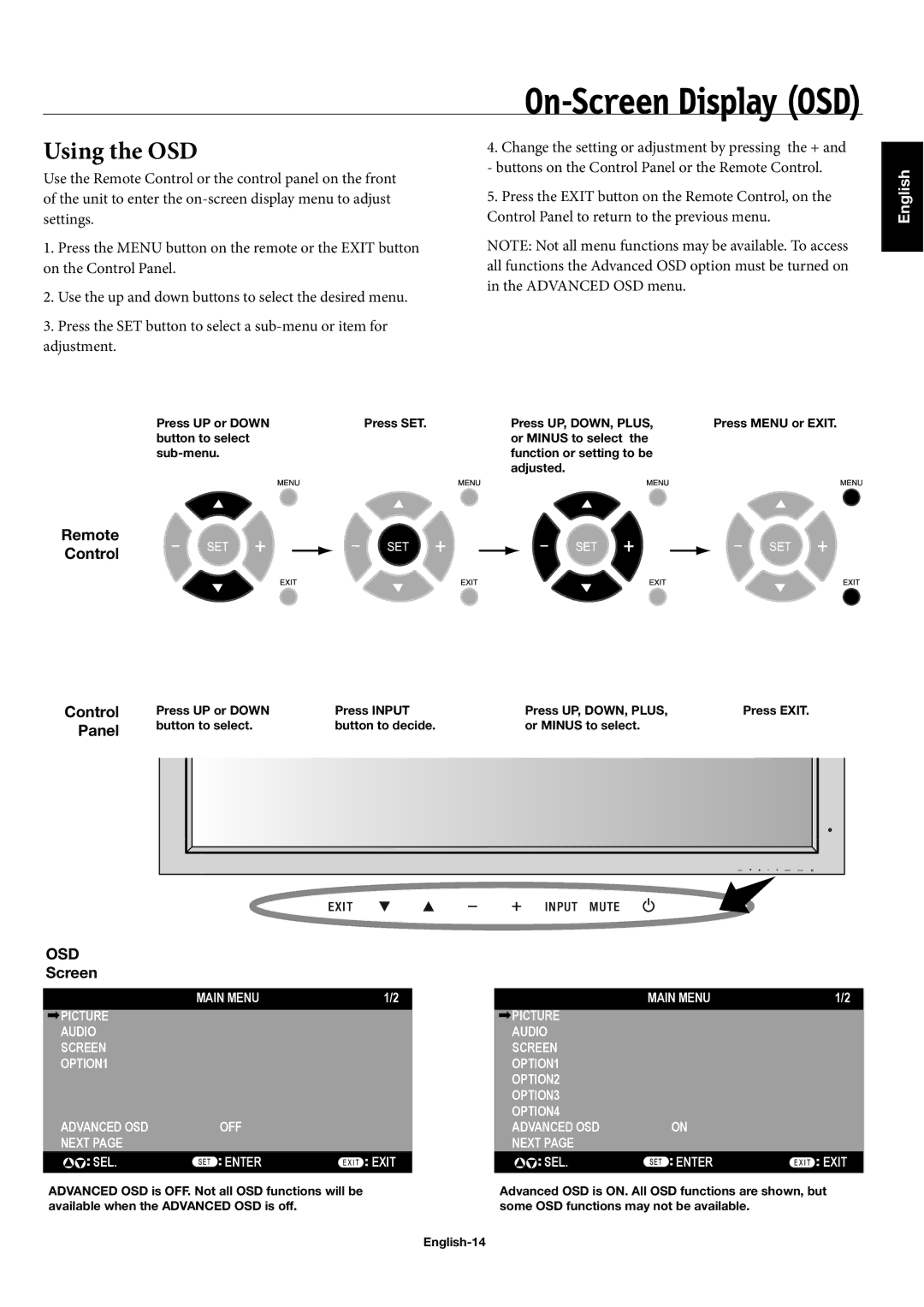 NEC 60XP10, 42XP10, 50XP10 user manual Using the OSD, Press UP or Down Press SET Press UP, DOWN, Plus 