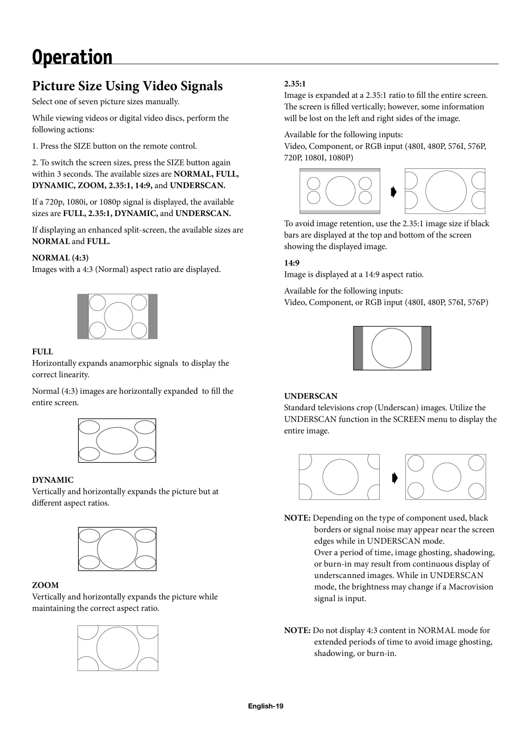 NEC 50XP10, 42XP10, 60XP10 user manual Operation, Picture Size Using Video Signals, Normal, 351, 149 