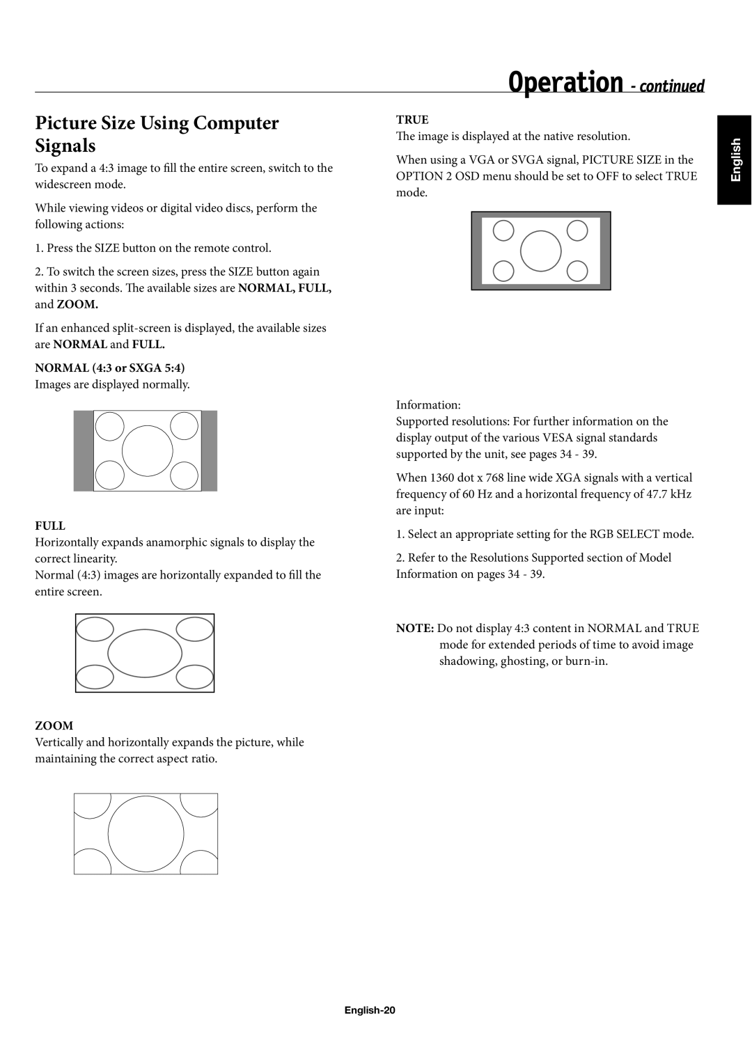 NEC 60XP10, 42XP10, 50XP10 user manual Picture Size Using Computer Signals, Normal 43 or Sxga, English-20 