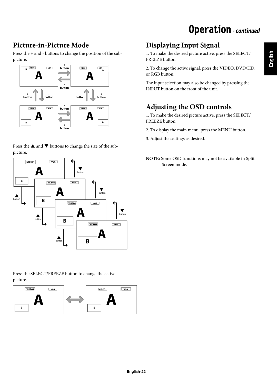 NEC 50XP10, 42XP10, 60XP10 Picture-in-Picture Mode, Displaying Input Signal, Adjusting the OSD controls, English-22 