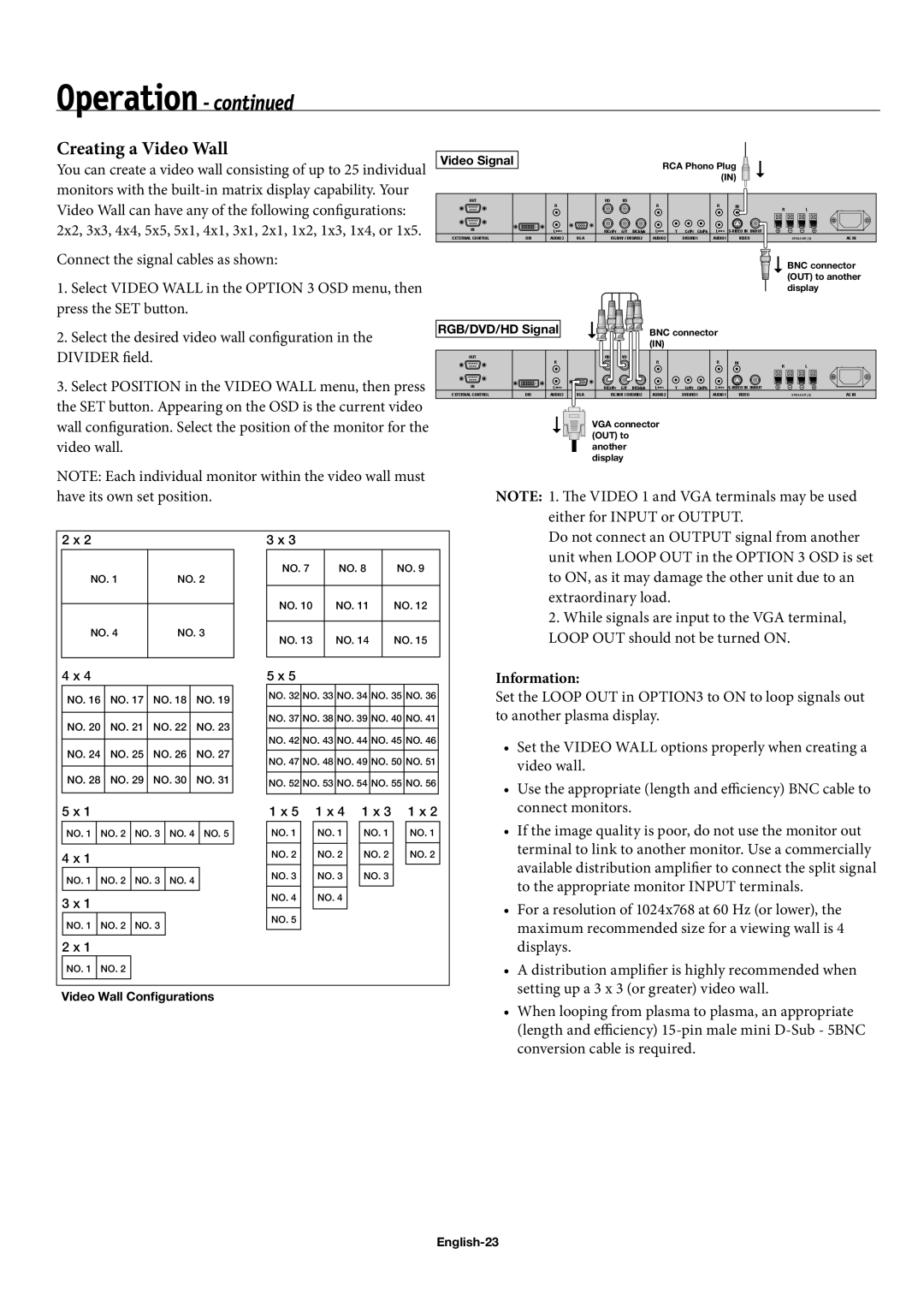 NEC 60XP10, 42XP10, 50XP10 Creating a Video Wall, Information, RGB/DVD/HD Signal, Video Wall Conﬁgurations, English-23 