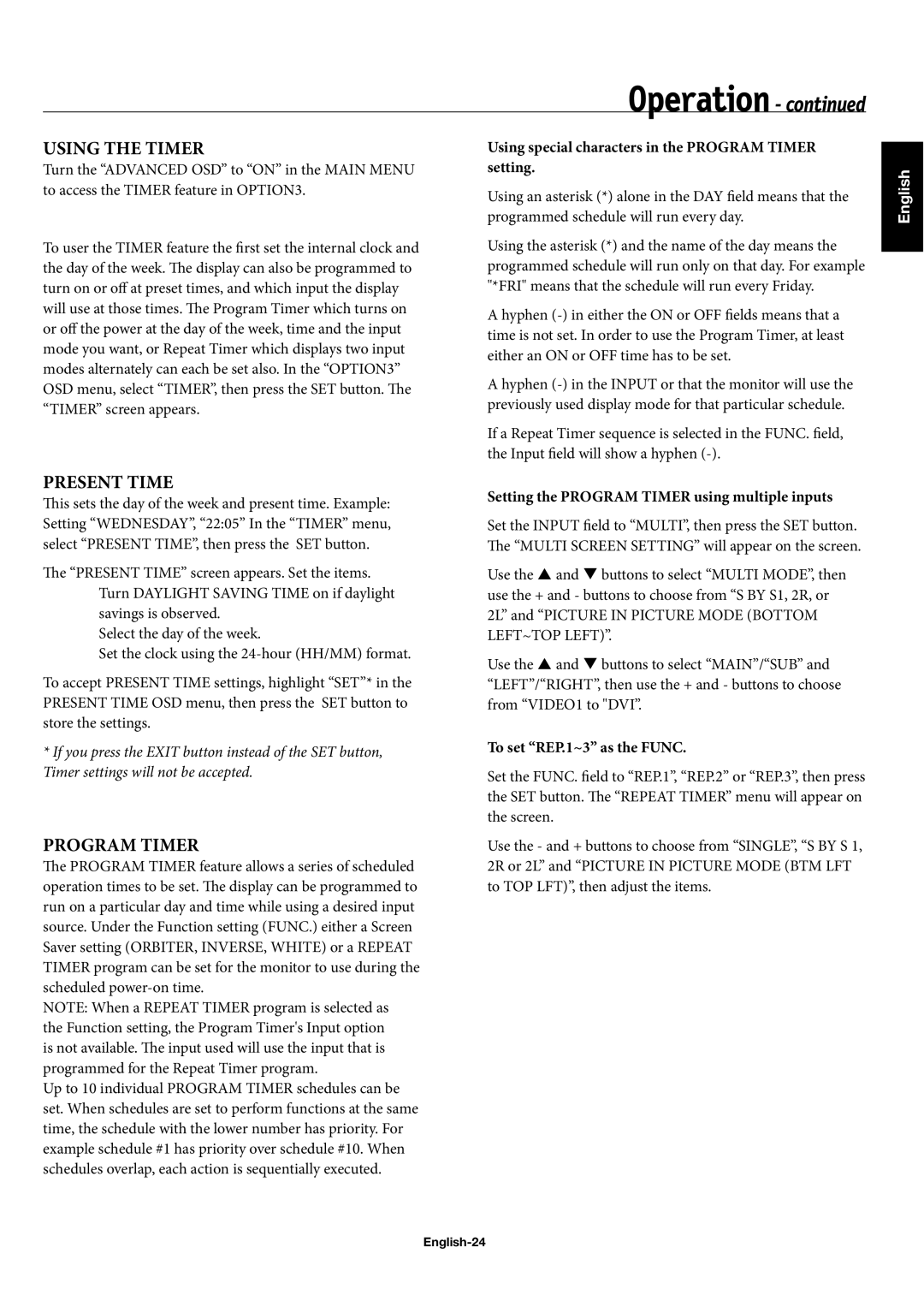 NEC 42XP10 Using special characters in the Program Timer, Setting the Program Timer using multiple inputs, English-24 