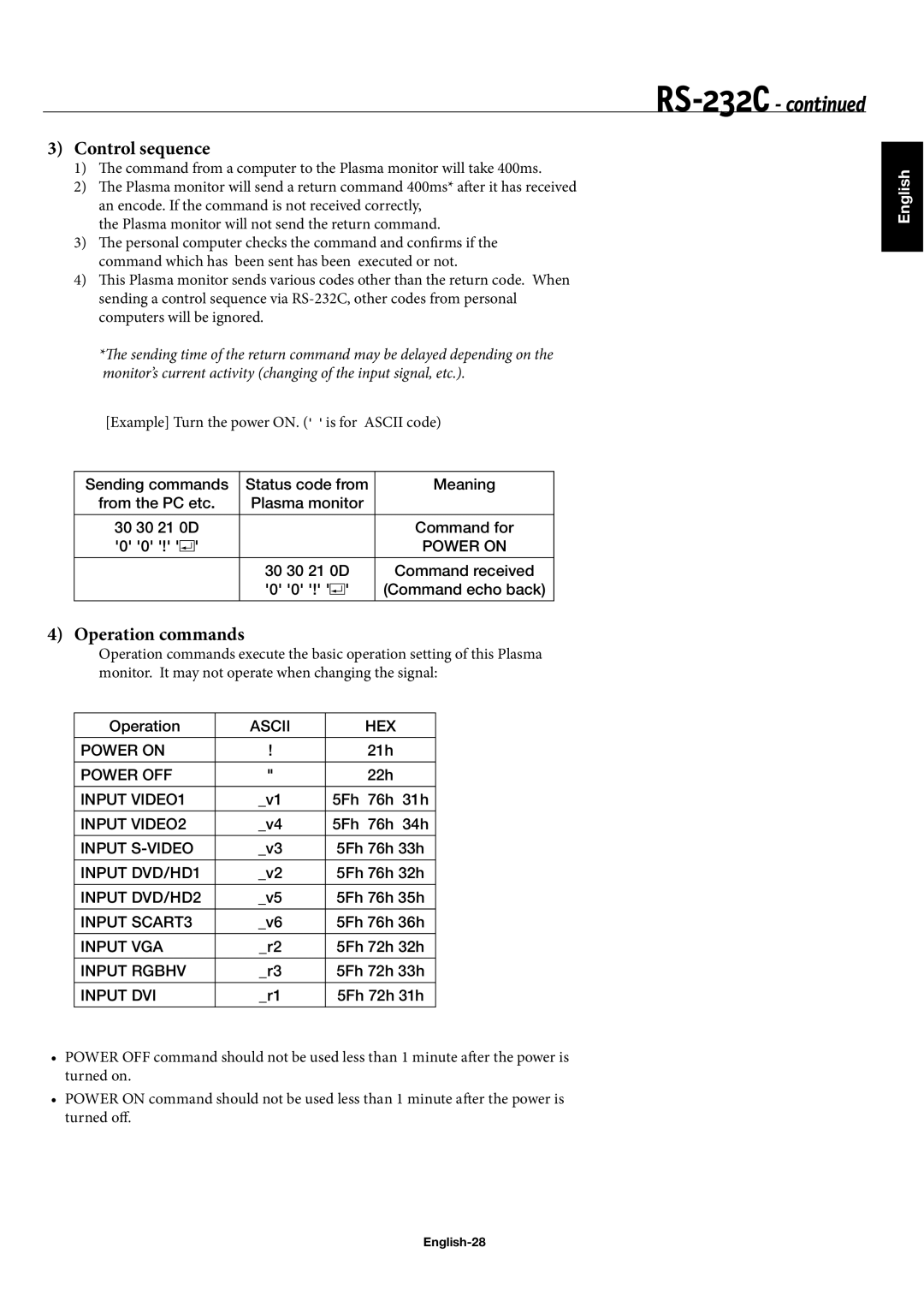 NEC 50XP10, 42XP10, 60XP10 user manual Control sequence, Operation commands, English-28 