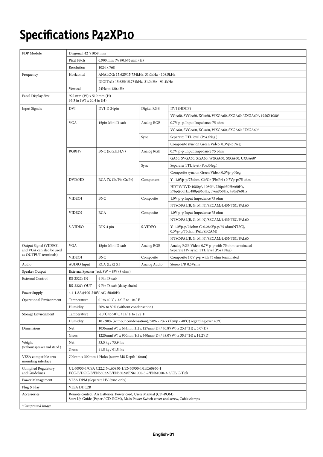 NEC 50XP10, 60XP10 user manual Speciﬁcations P42XP10, English-31 