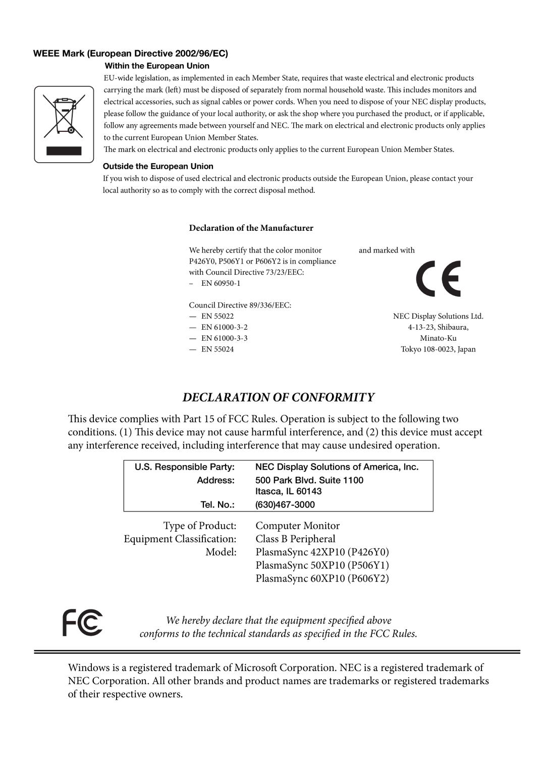 NEC 60XP10, 42XP10, 50XP10 user manual Weee Mark European Directive 2002/96/EC, Declaration of the Manufacturer 