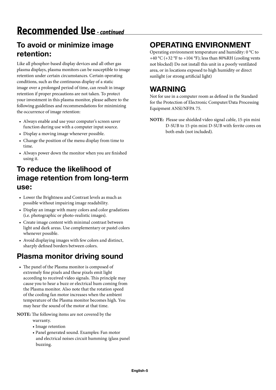 NEC 60XP10, 42XP10, 50XP10 user manual To avoid or minimize image retention, English-5 