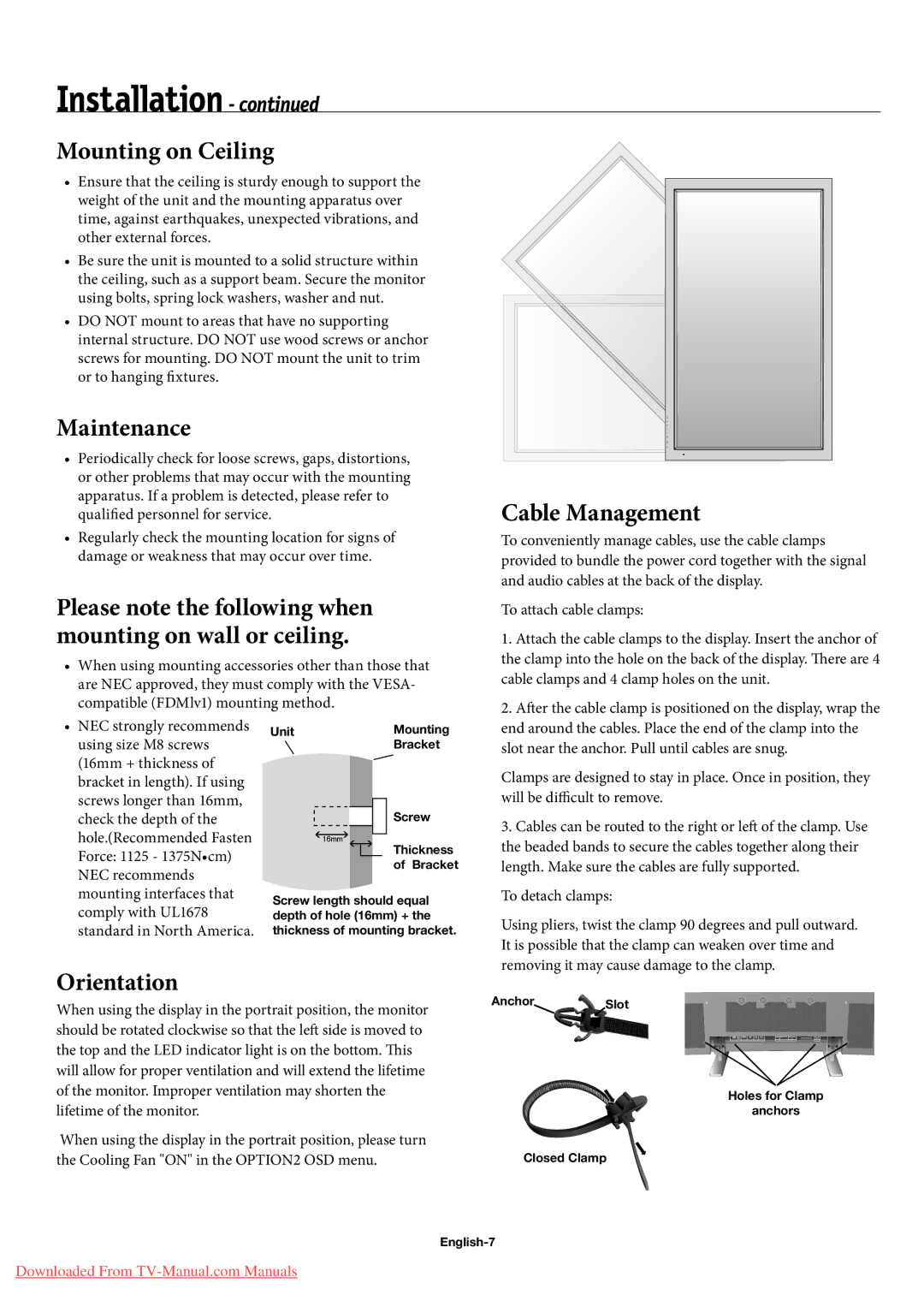 NEC 50XP10 Mounting on Ceiling, Maintenance, Please note the following when mounting on wall or ceiling, Cable Management 