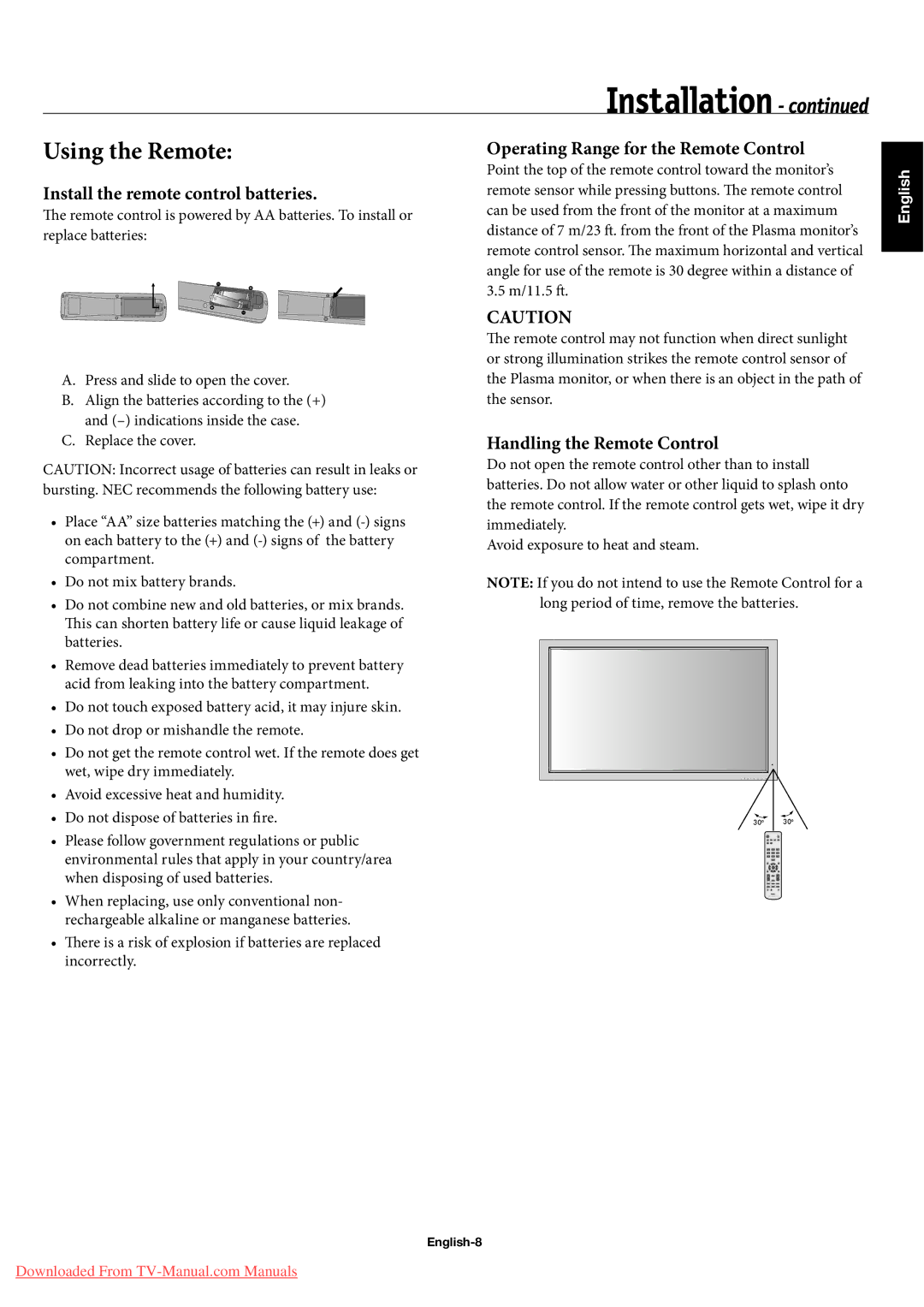 NEC 60XP10 Using the Remote, Operating Range for the Remote Control, Install the remote control batteries, English-8 