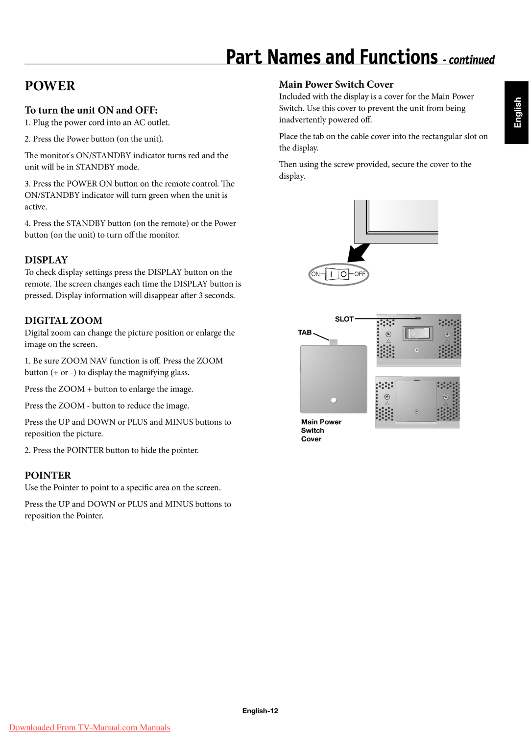 NEC 42XP10, 50XP10, 60XP10 user manual Main Power Switch Cover, To turn the unit on and OFF, English-12 