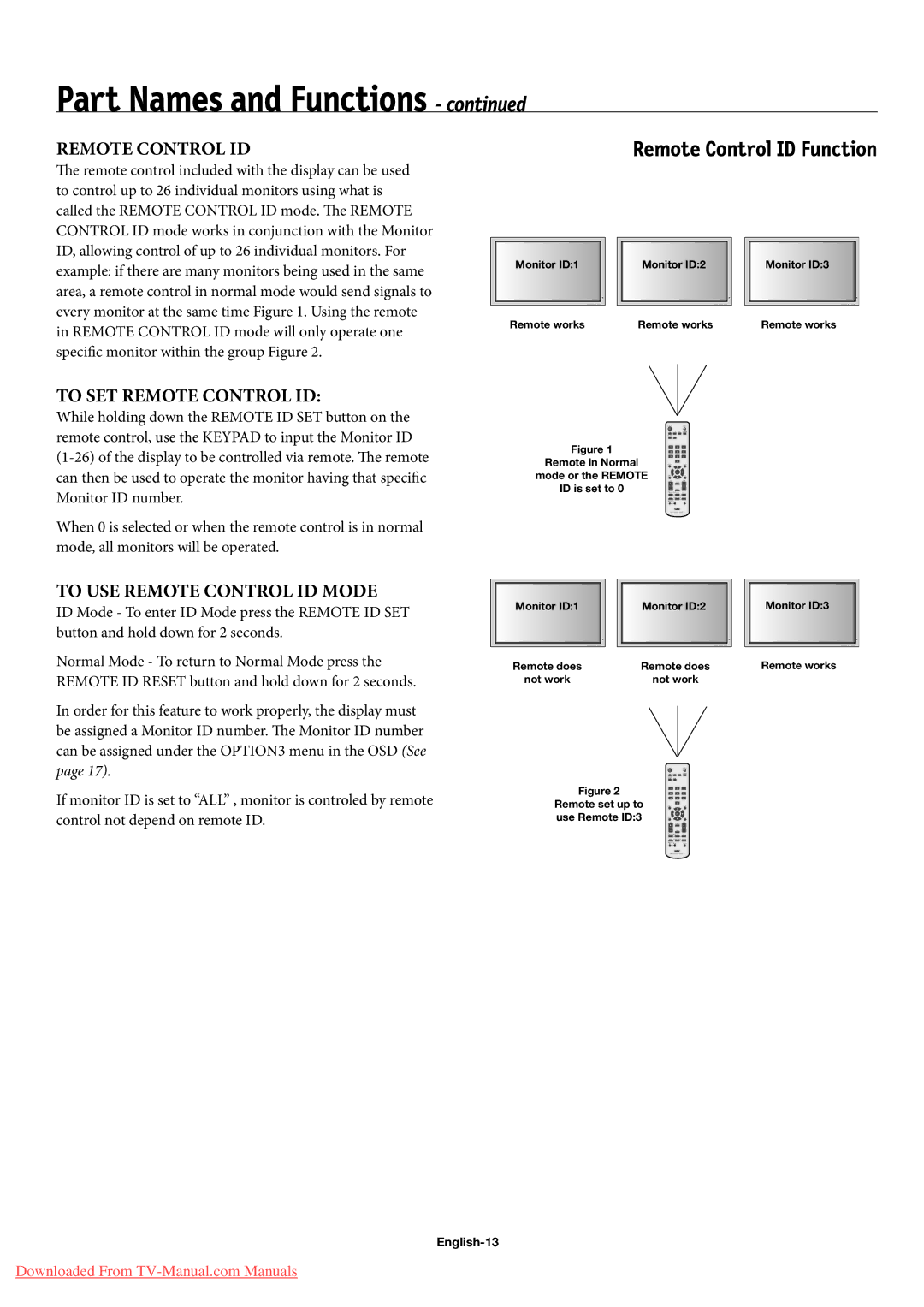 NEC 50XP10, 42XP10, 60XP10 user manual Remote Control ID, English-13 