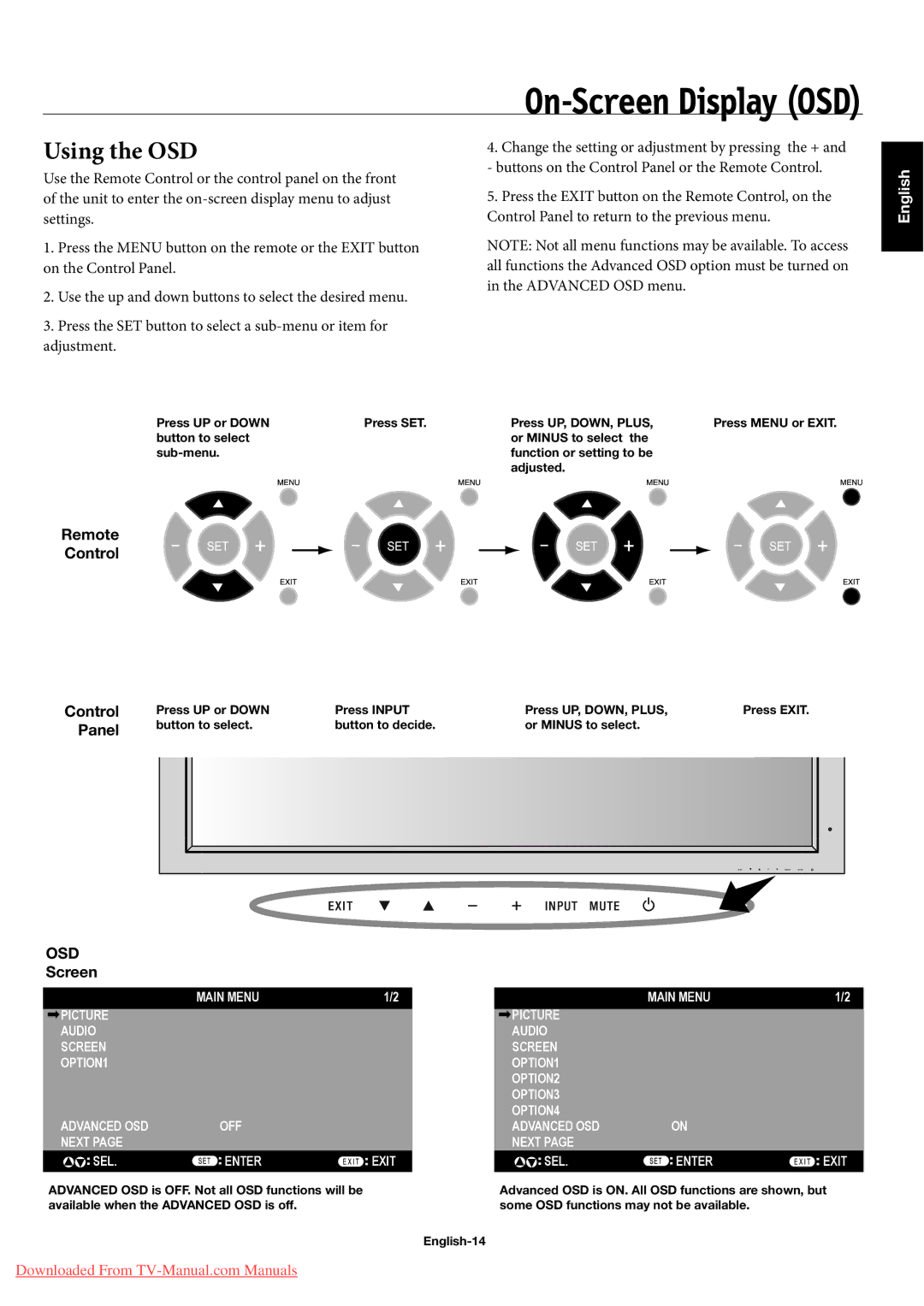 NEC 60XP10, 42XP10, 50XP10 user manual Using the OSD, Press UP or Down Press SET Press UP, DOWN, Plus 