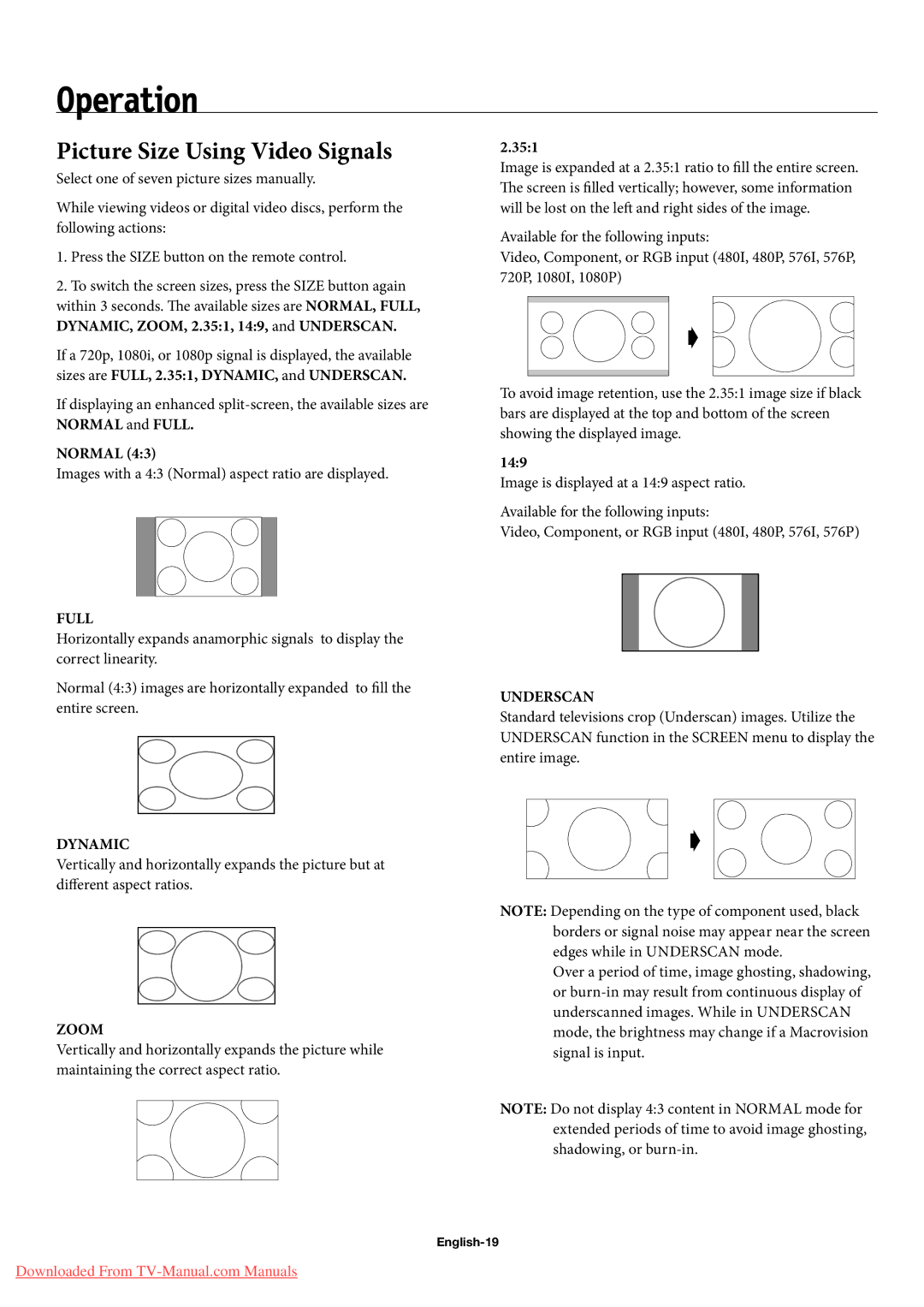 NEC 50XP10, 42XP10, 60XP10 user manual Operation, Picture Size Using Video Signals, Normal, 351, 149 