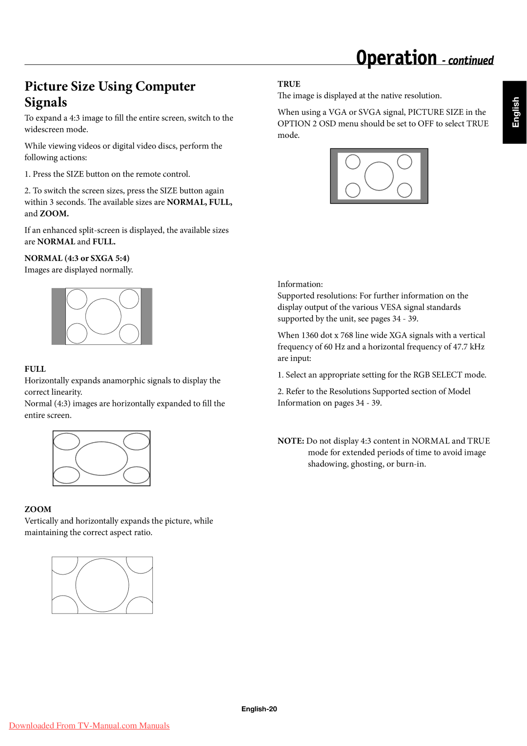 NEC 60XP10, 42XP10, 50XP10 user manual Picture Size Using Computer Signals, Normal 43 or Sxga, English-20 