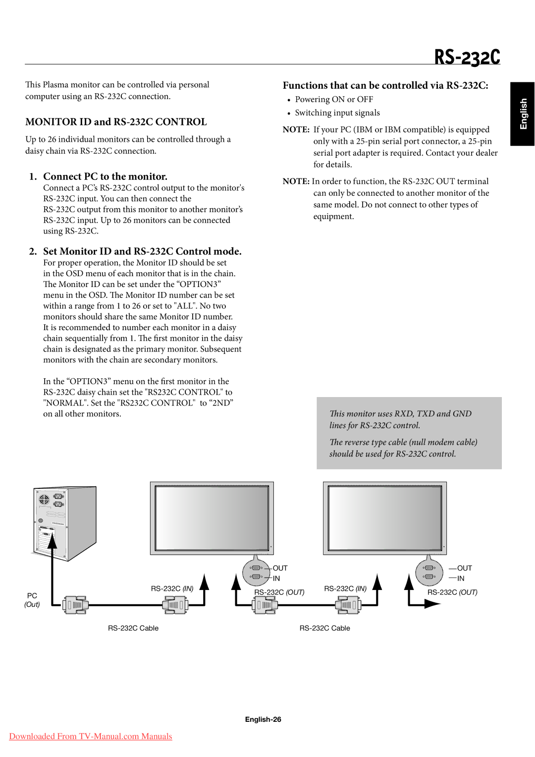 NEC 60XP10 Monitor ID and RS-232C Control, Functions that can be controlled via RS-232C, Connect PC to the monitor 