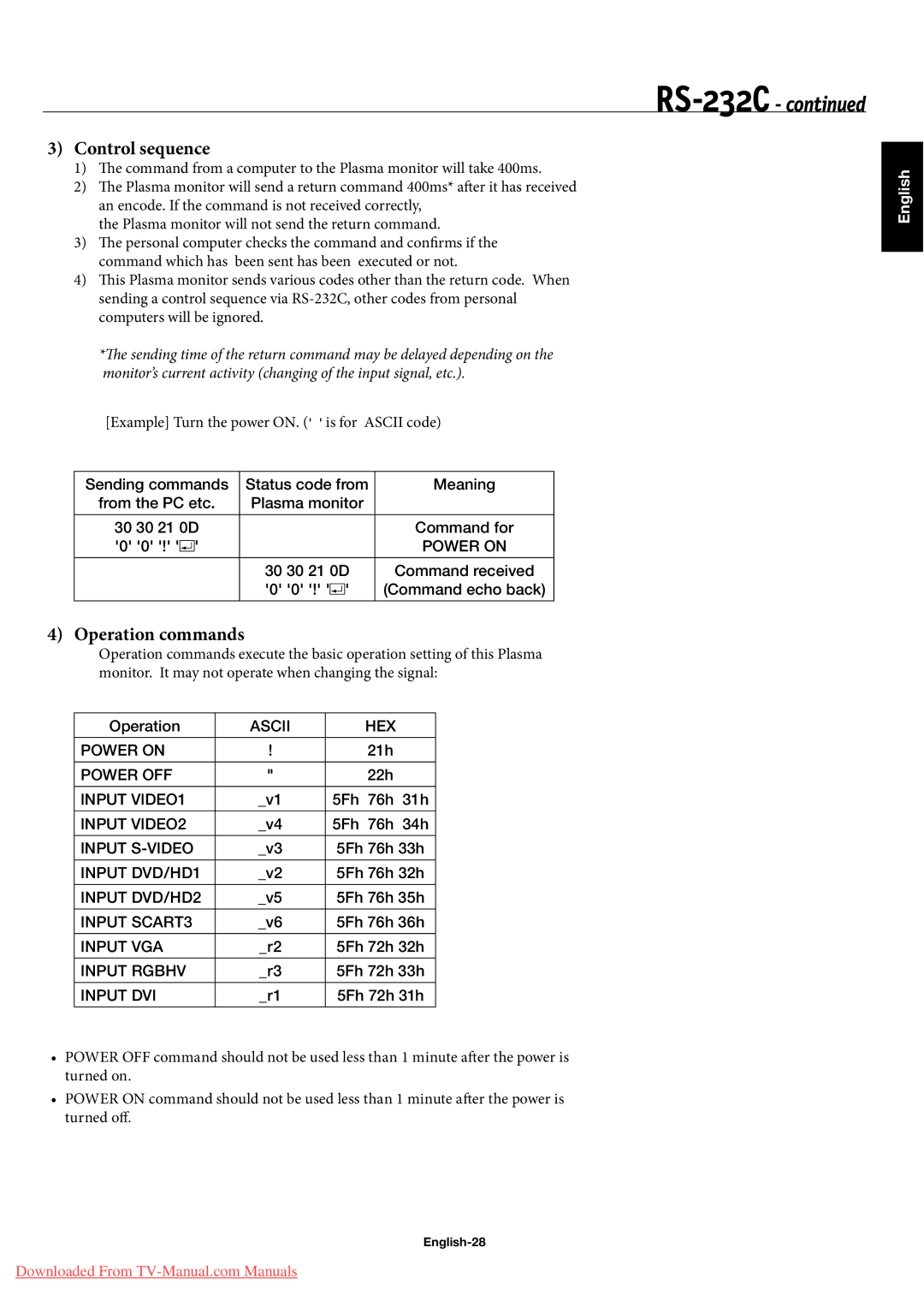 NEC 50XP10, 42XP10, 60XP10 user manual Control sequence, Operation commands, English-28 