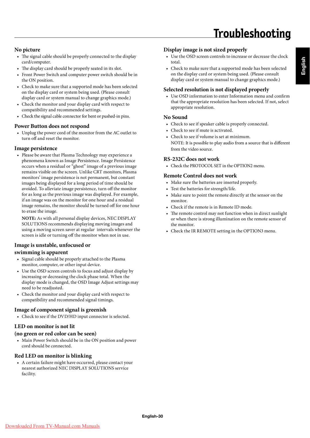 NEC 42XP10, 50XP10, 60XP10 user manual Troubleshooting, English-30 