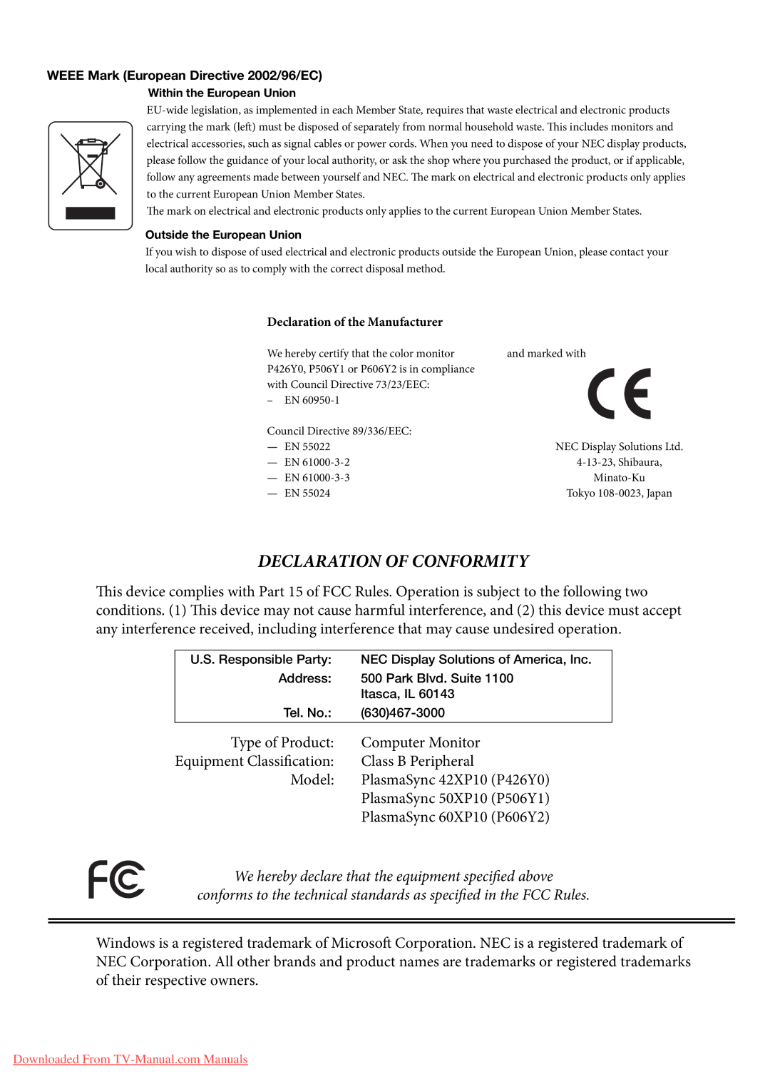 NEC 60XP10, 42XP10, 50XP10 user manual Weee Mark European Directive 2002/96/EC, Declaration of the Manufacturer 