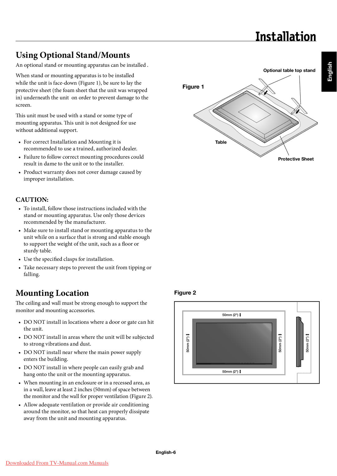 NEC 42XP10, 50XP10 Installation, Using Optional Stand/Mounts, Mounting Location, Optional table top stand, English-6 