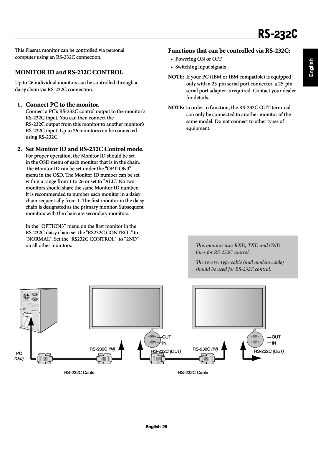 NEC 60XP10 MONITOR ID and RS-232C CONTROL, Functions that can be controlled via RS-232C, Connect PC to the monitor 