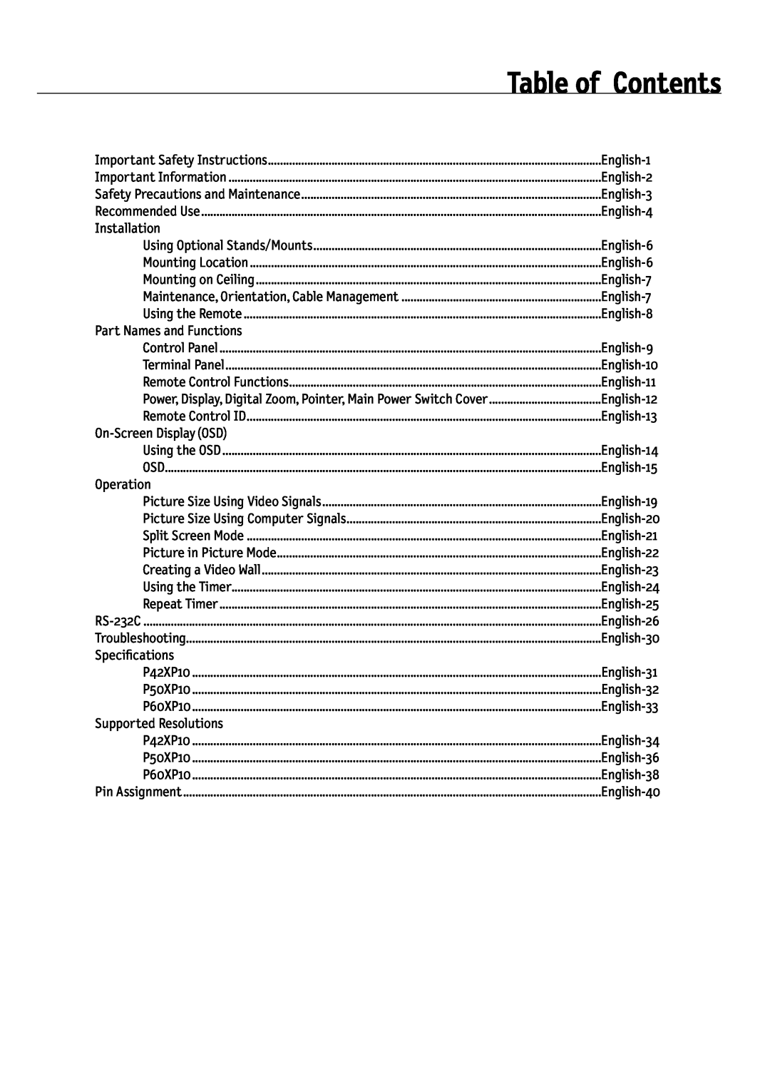 NEC 42XP10, 50XP10, 60XP10 user manual Table of Contents 