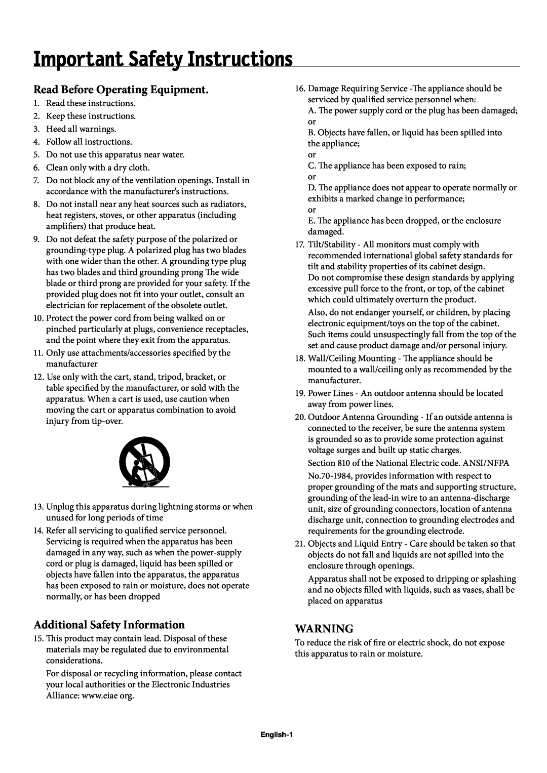 NEC 50XP10, 42XP10, 60XP10 Important Safety Instructions, Read Before Operating Equipment, Additional Safety Information 