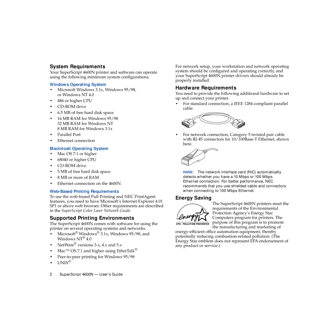 NEC 4600N manual System Requirements, Supported Printing Environments, Hardware Requirements, Energy Saving 