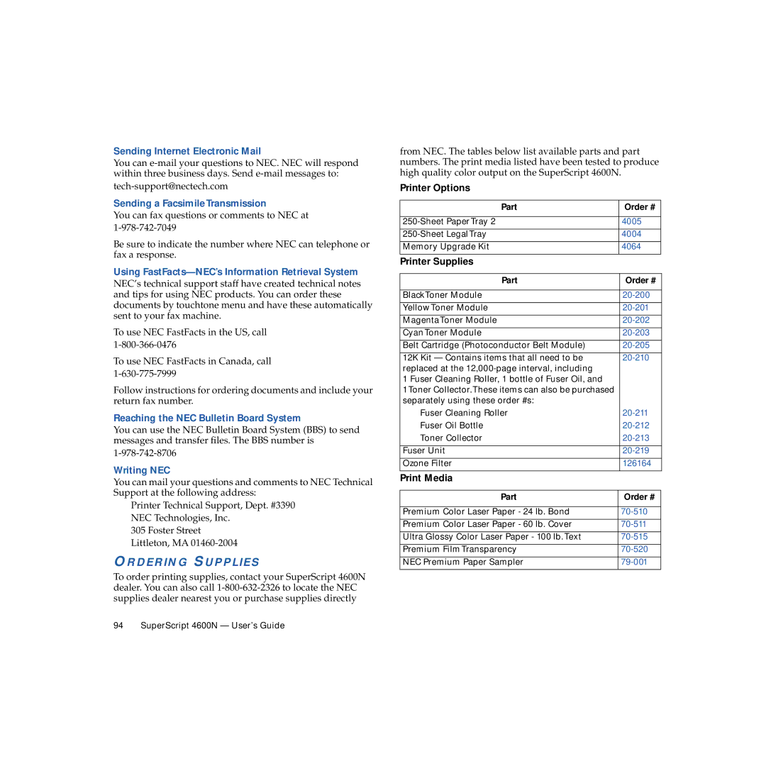 NEC 4600N manual Ordering Supplies 