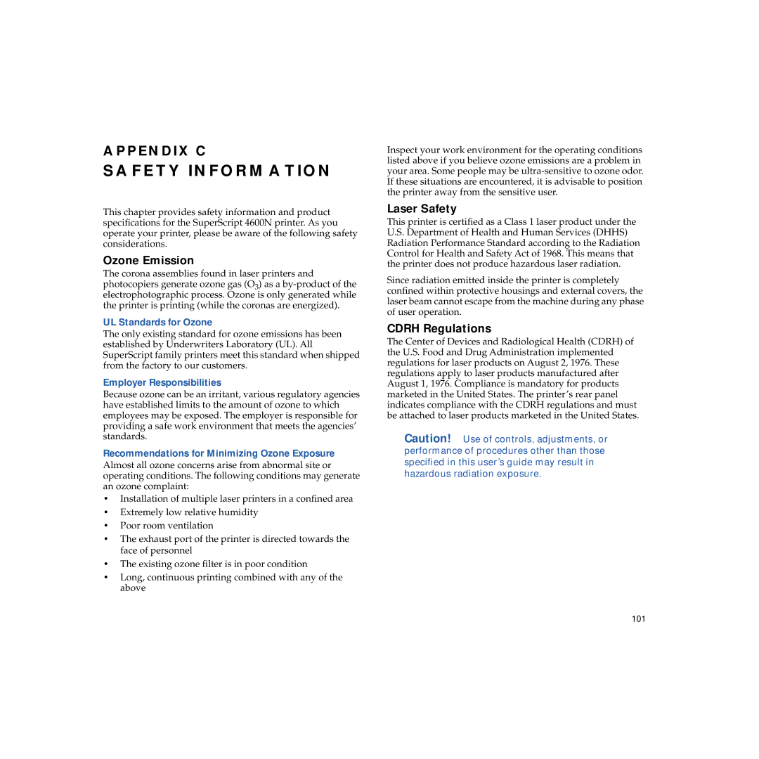 NEC 4600N manual Safety Information, Ozone Emission, Laser Safety, Cdrh Regulations 