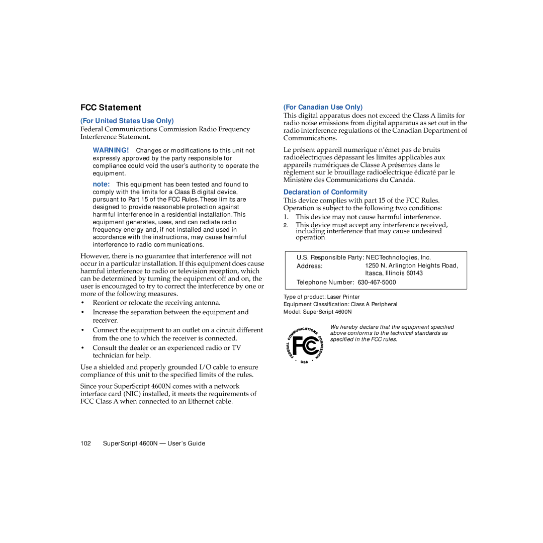 NEC 4600N manual FCC Statement, For United States Use Only, For Canadian Use Only, Declaration of Conformity 