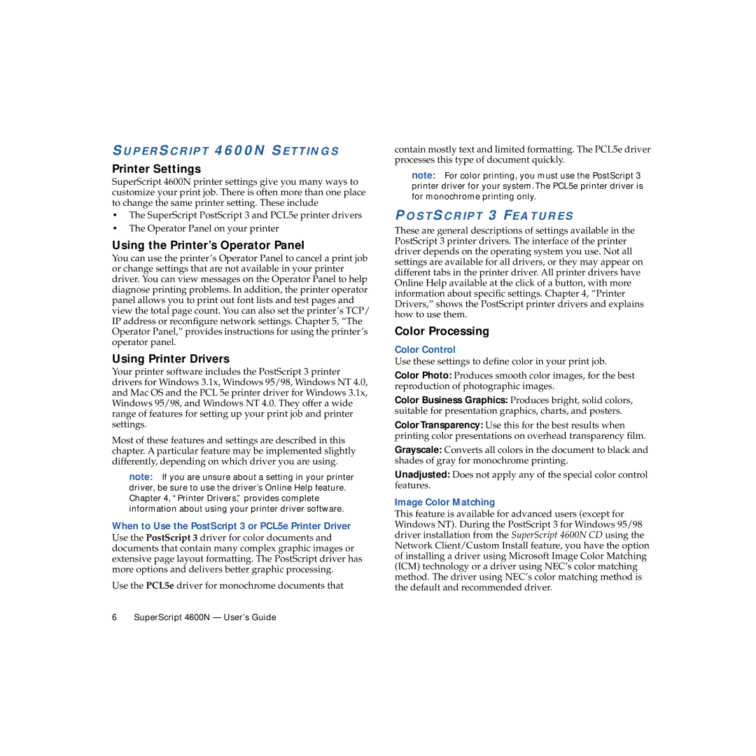NEC 4600N manual Printer Settings, Using the Printer’s Operator Panel, Using Printer Drivers, Color Processing 