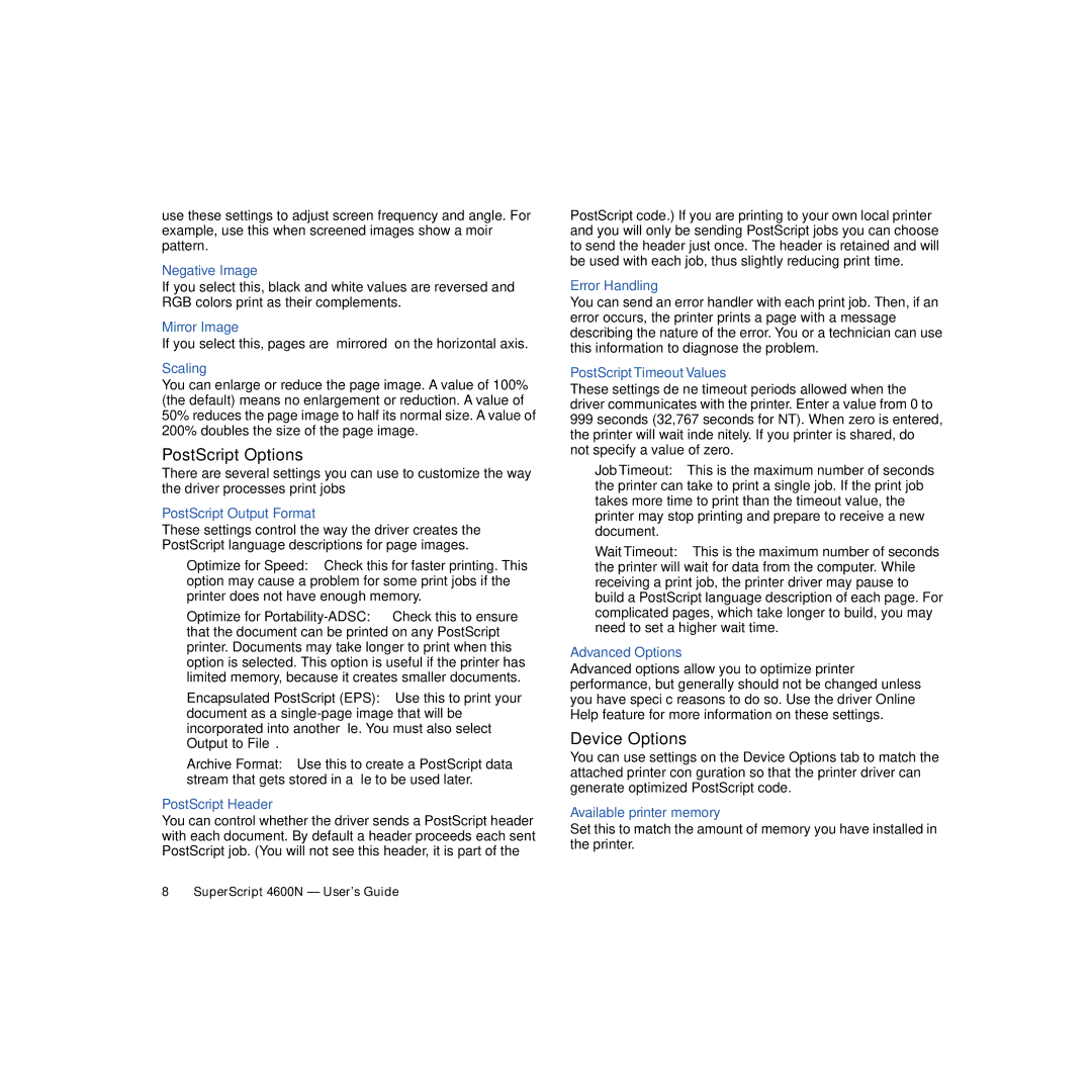 NEC 4600N manual PostScript Options, Device Options 