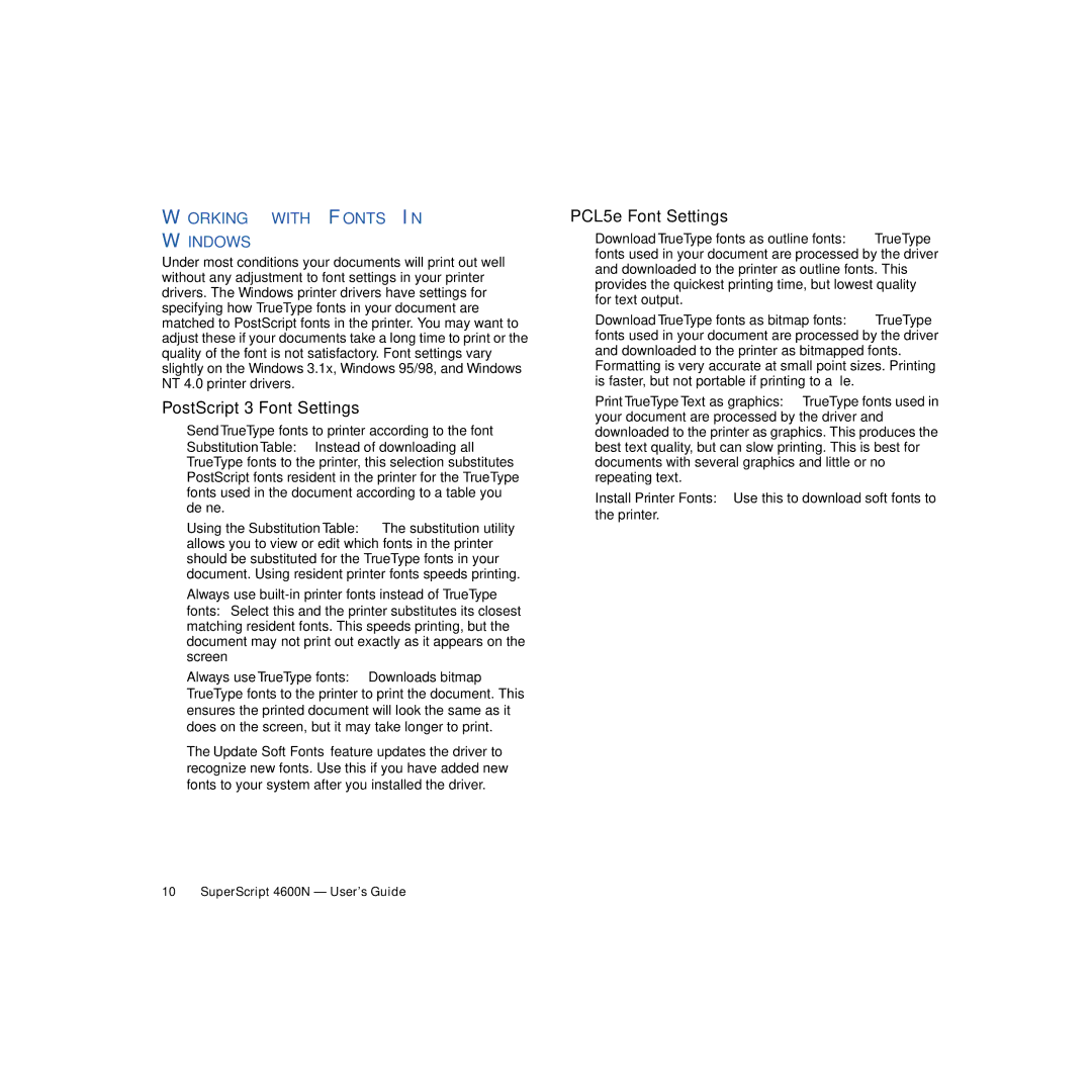 NEC 4600N manual PostScript 3 Font Settings, PCL5e Font Settings, Working with Fonts Windows 