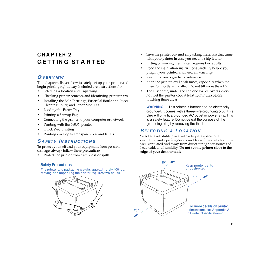 NEC 4600N manual Getting Started, Safety Instructions, Selecting a Location, Safety Precautions 