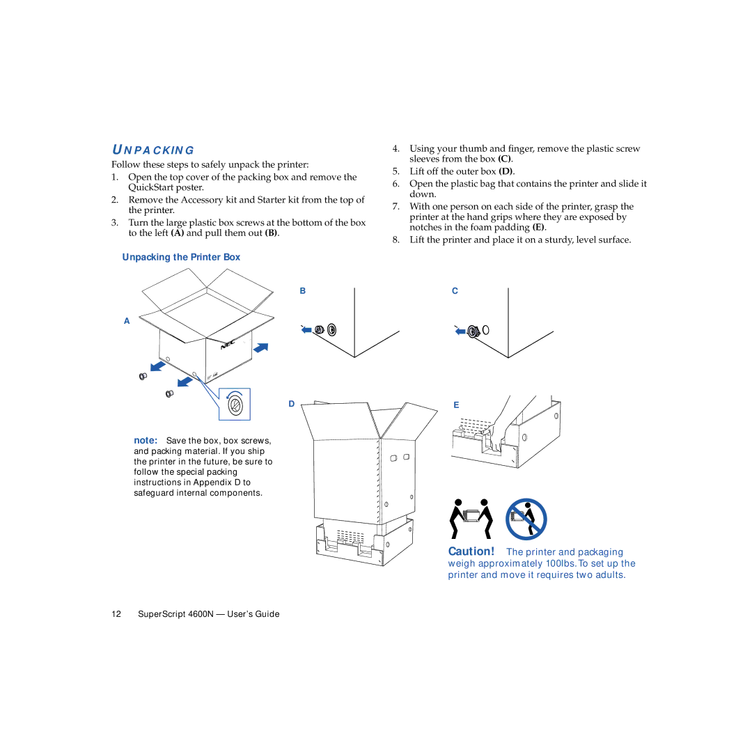 NEC 4600N manual Unpacking the Printer Box 