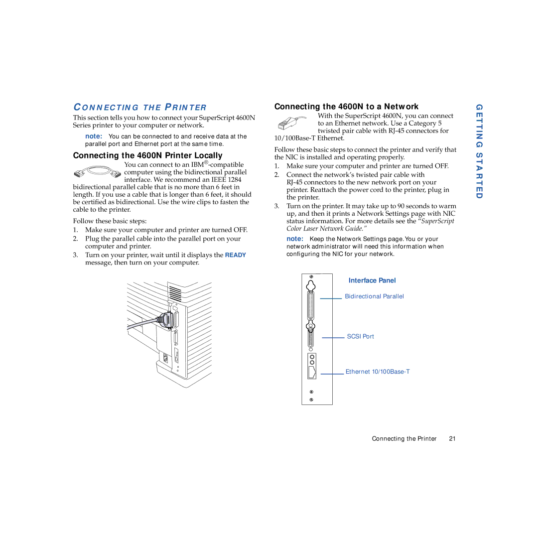 NEC Connecting the 4600N Printer Locally, Connecting the 4600N to a Network, Connecting the Printer, Interface Panel 