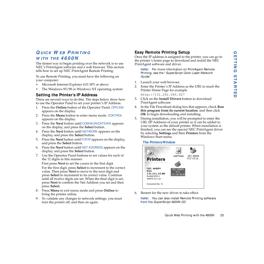 NEC Setting the Printer’s IP Address, Easy Remote Printing Setup, Quick WEB Printing With the 4600N, Printers Window 