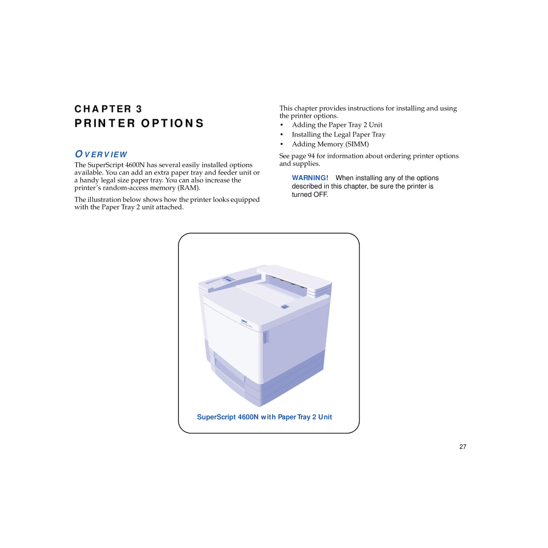 NEC manual Printer Options, SuperScript 4600N with Paper Tray 2 Unit 