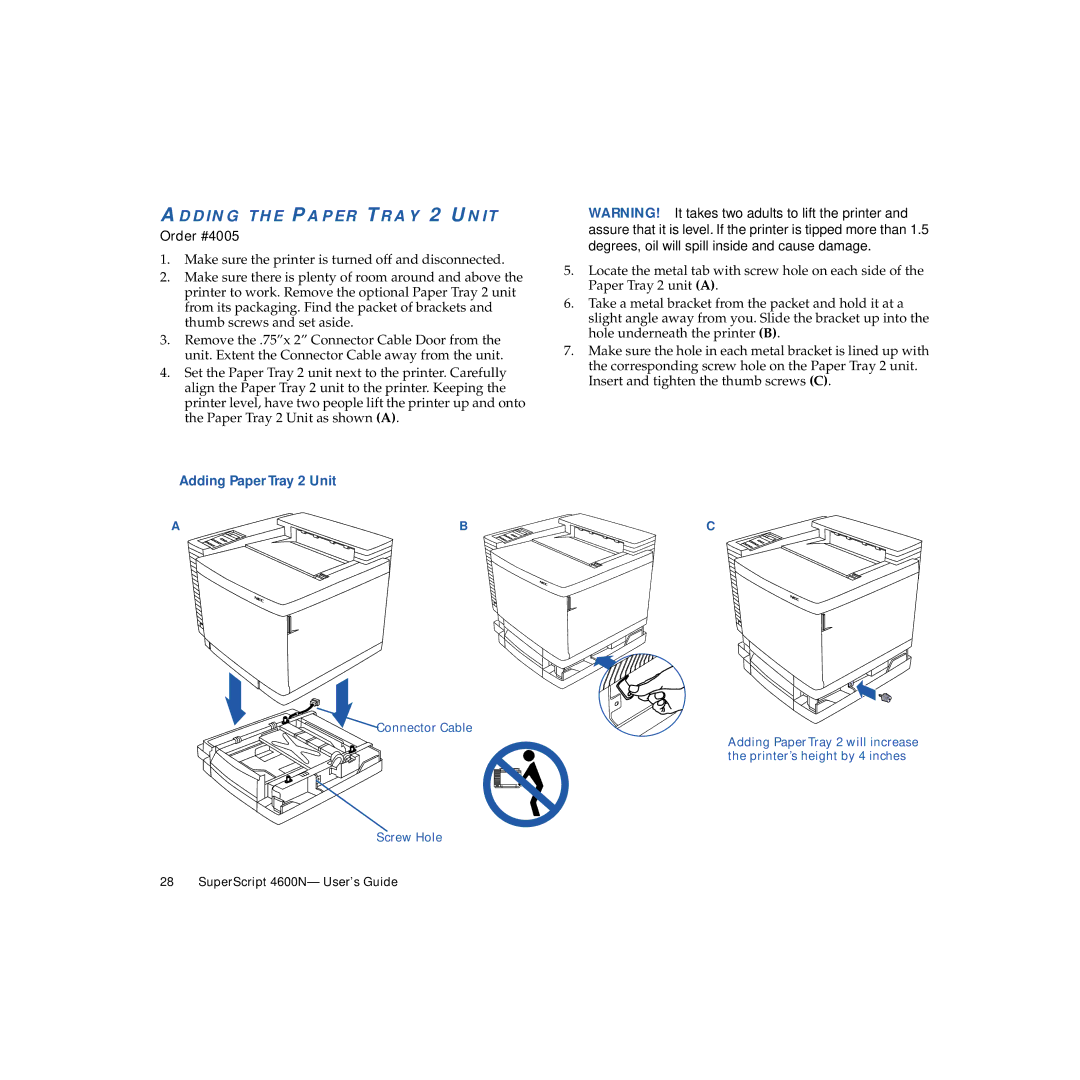 NEC 4600N manual Adding the Paper Tray 2 Unit, Adding Paper Tray 2 Unit 