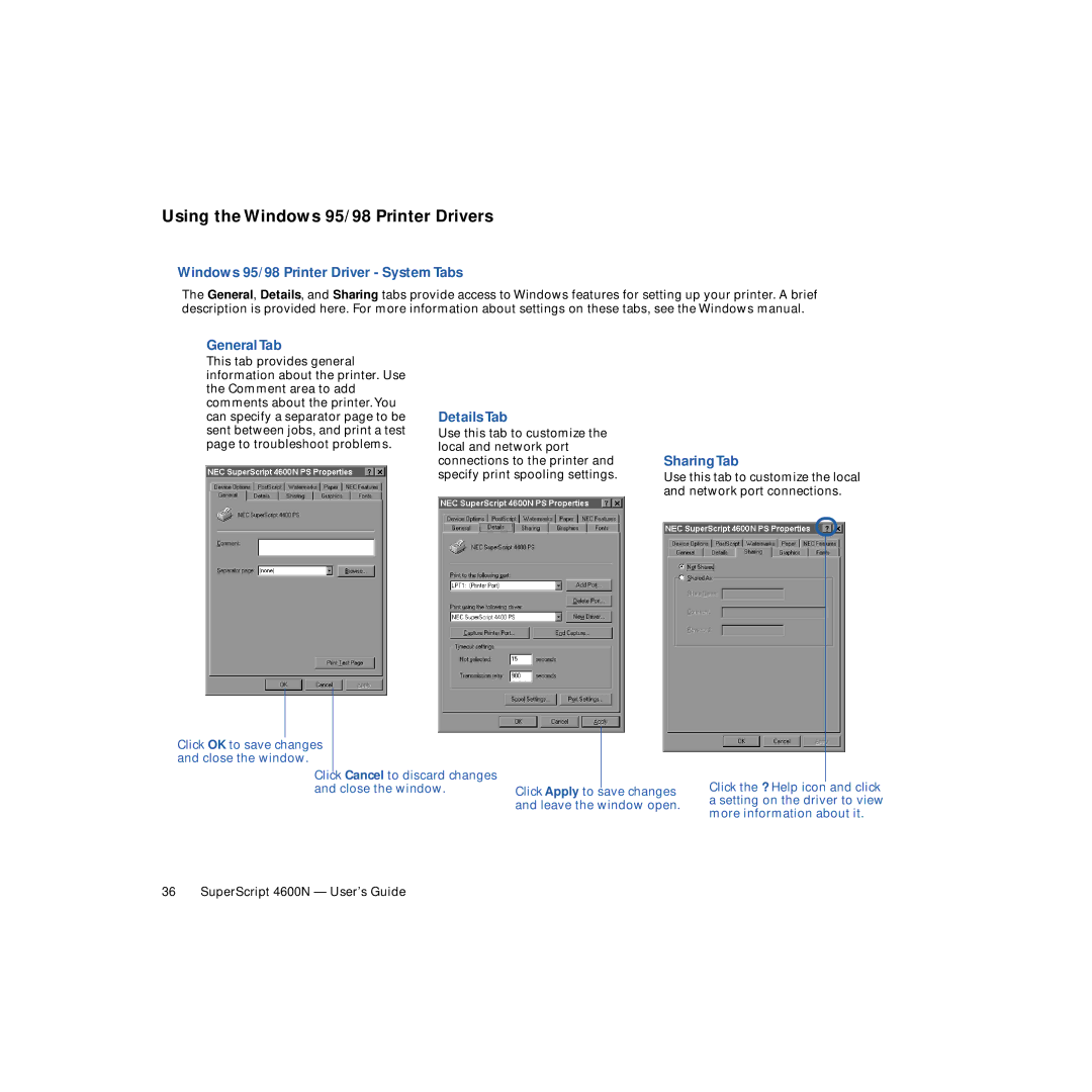 NEC 4600N Using the Windows 95/98 Printer Drivers, Windows 95/98 Printer Driver System Tabs, General Tab, Details Tab 