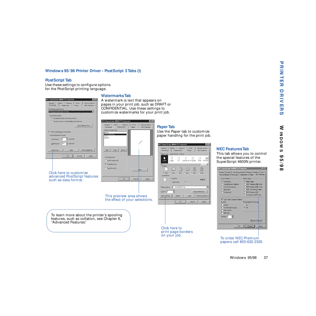 NEC 4600N manual Printer Drivers W, Watermarks Tab, Paper Tab, NEC Features Tab 