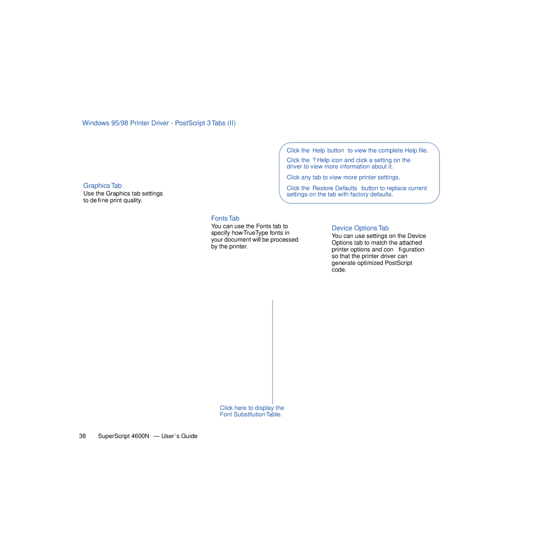 NEC 4600N manual Windows 95/98 Printer Driver PostScript 3 Tabs Graphics Tab, Fonts Tab, Device Options Tab 