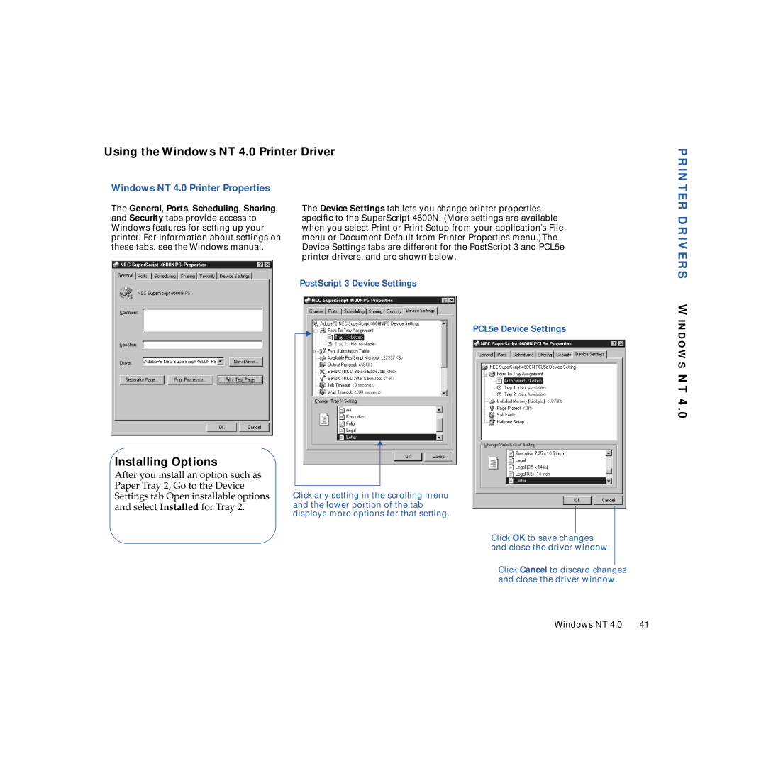 NEC 4600N manual Using the Windows NT 4.0 Printer Driver, Drivers, Installing Options, Windows NT 4.0 Printer Properties 