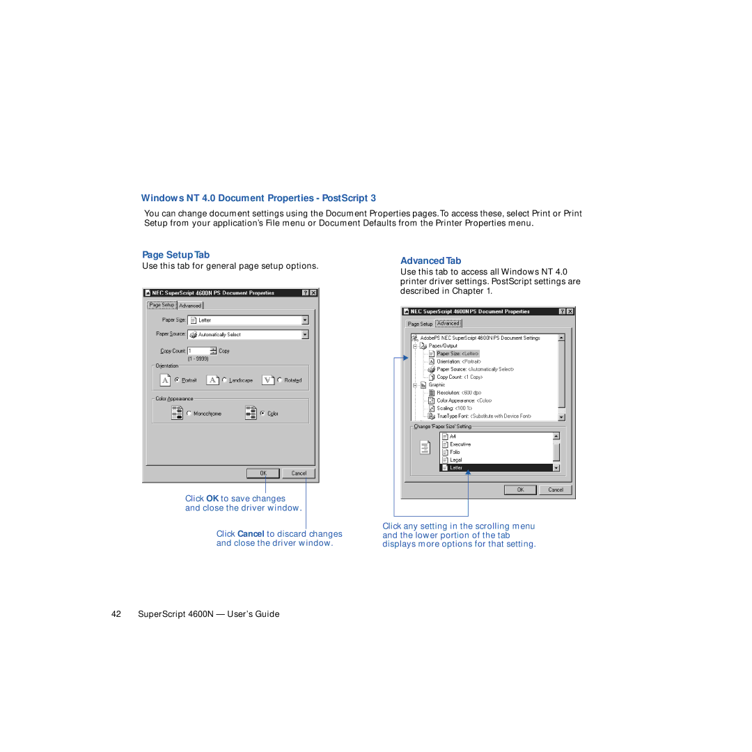 NEC 4600N manual Windows NT 4.0 Document Properties PostScript, Setup Tab, Advanced Tab 