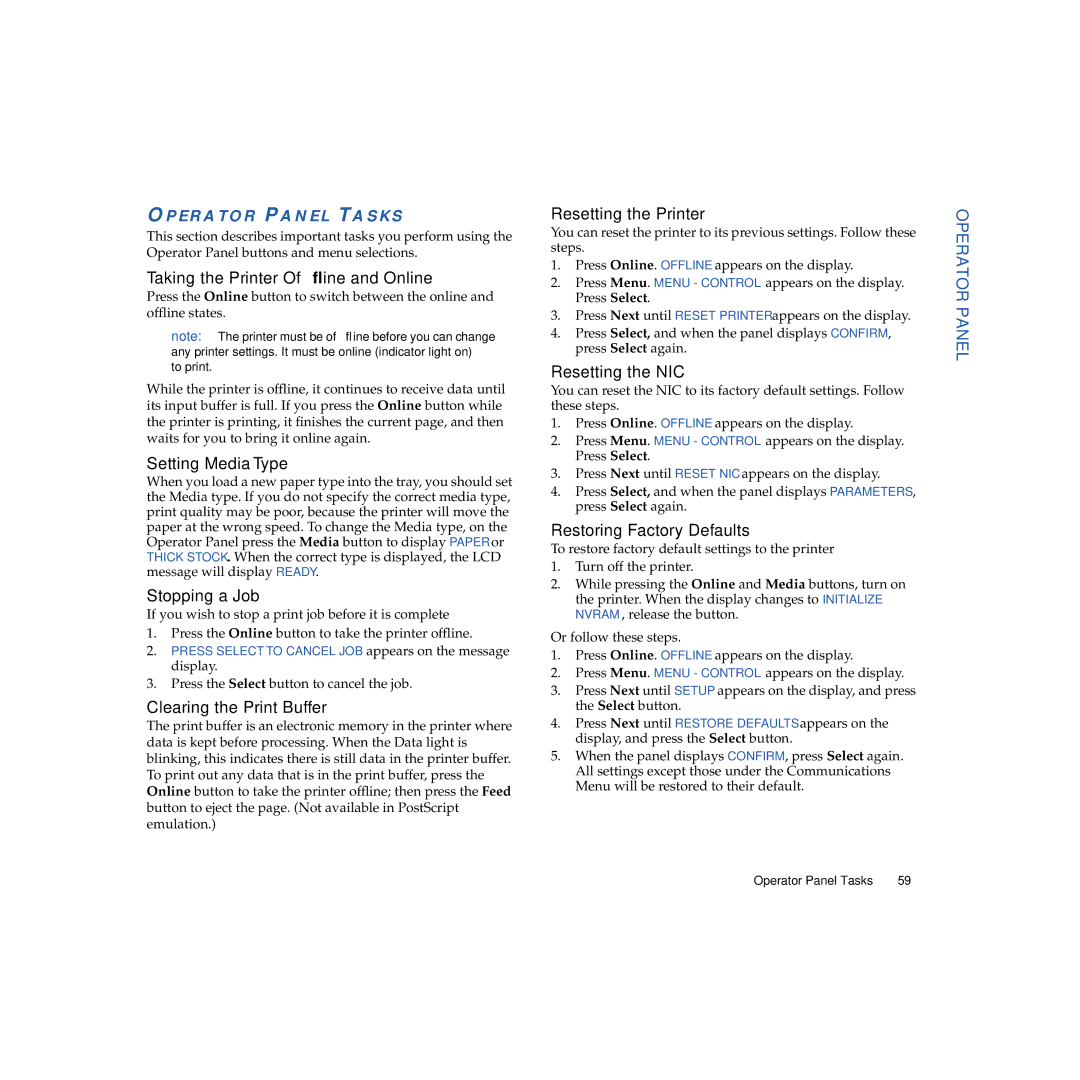 NEC 4600N manual Taking the Printer Ofﬂine and Online, Setting Media Type, Stopping a Job, Clearing the Print Buffer 