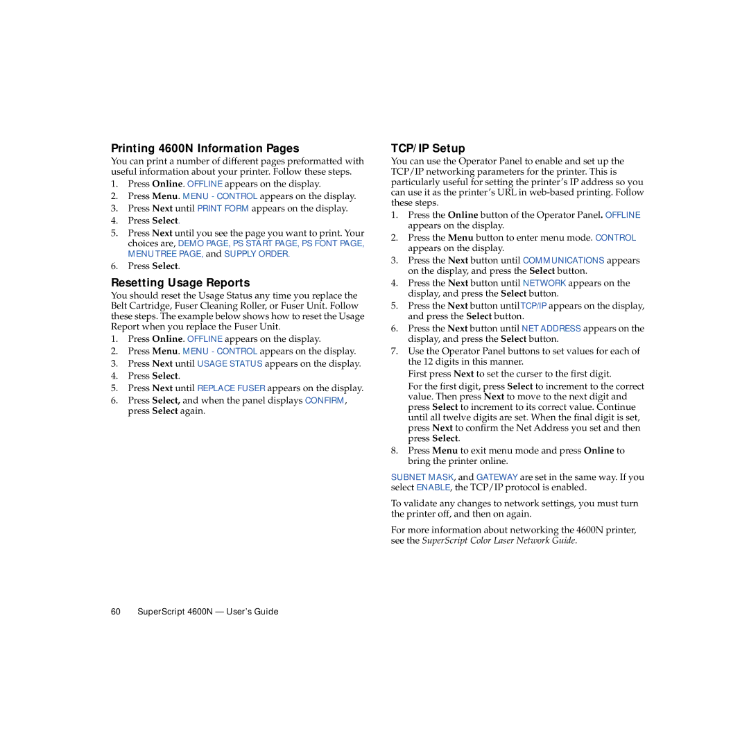 NEC manual Printing 4600N Information Pages, Resetting Usage Reports, TCP/IP Setup 