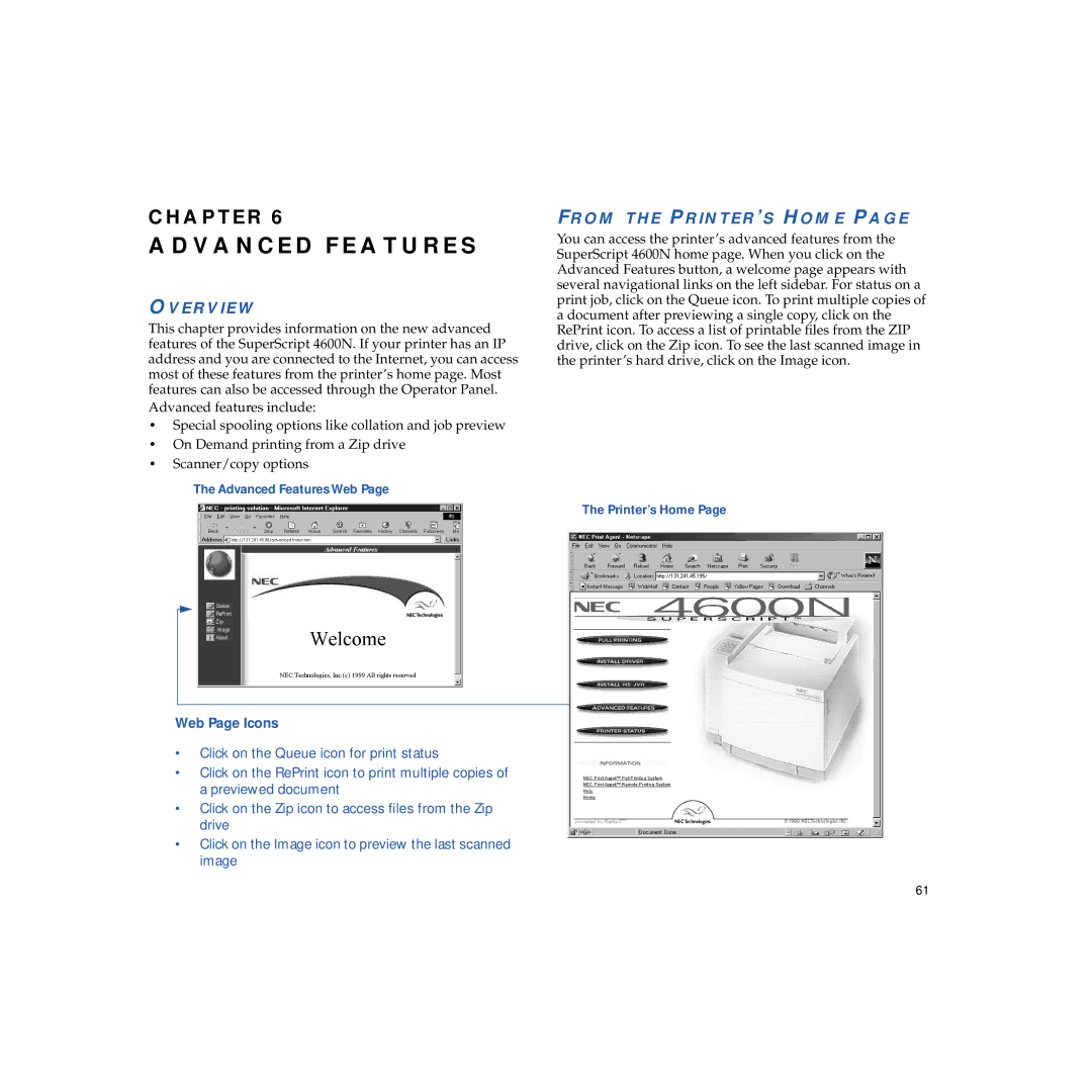 NEC 4600N manual Advanced Features, From the PRINTER’S Home, Web Page Icons 